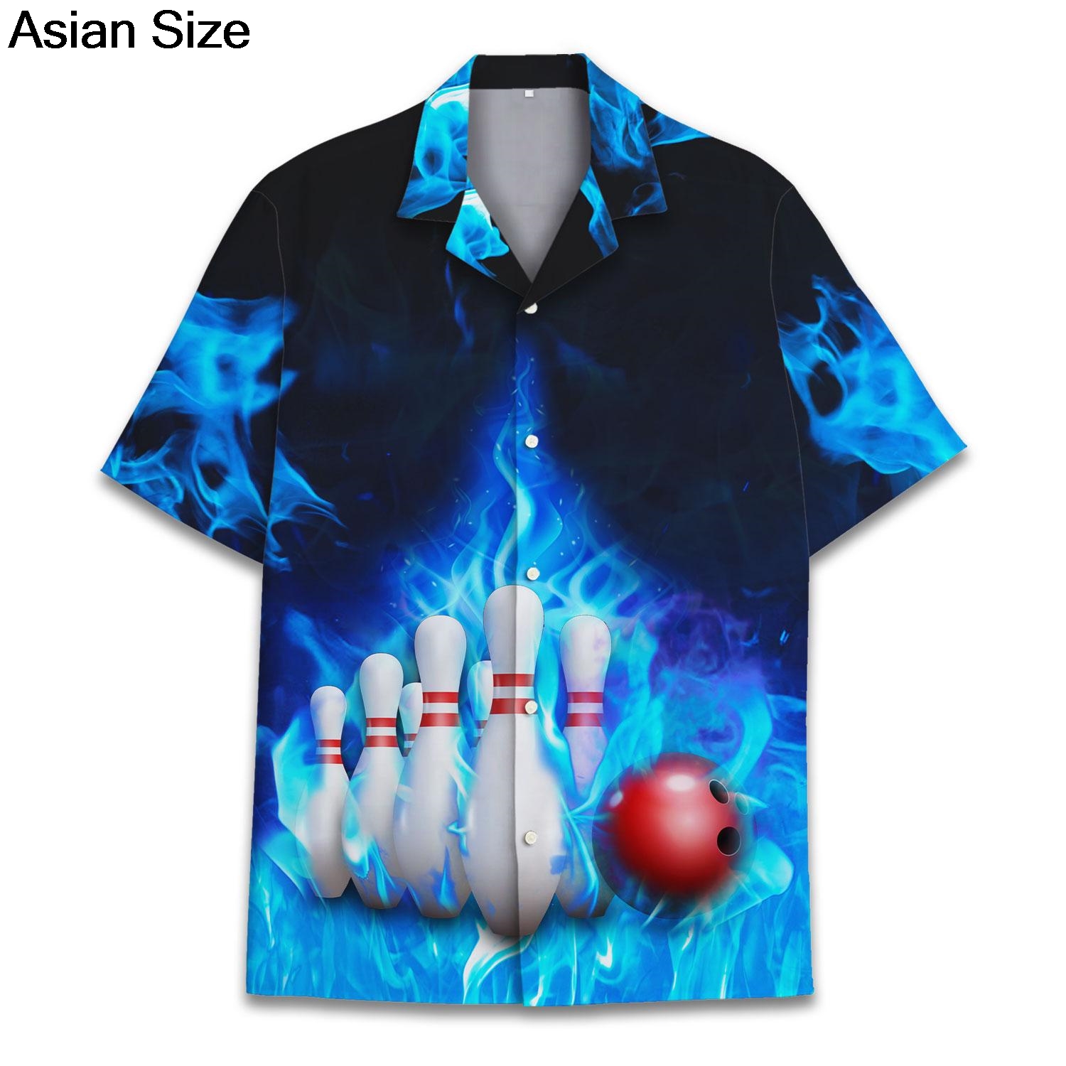 Bowling Shirt Camp - Cool Blue Fire Bowling Sport Grafik