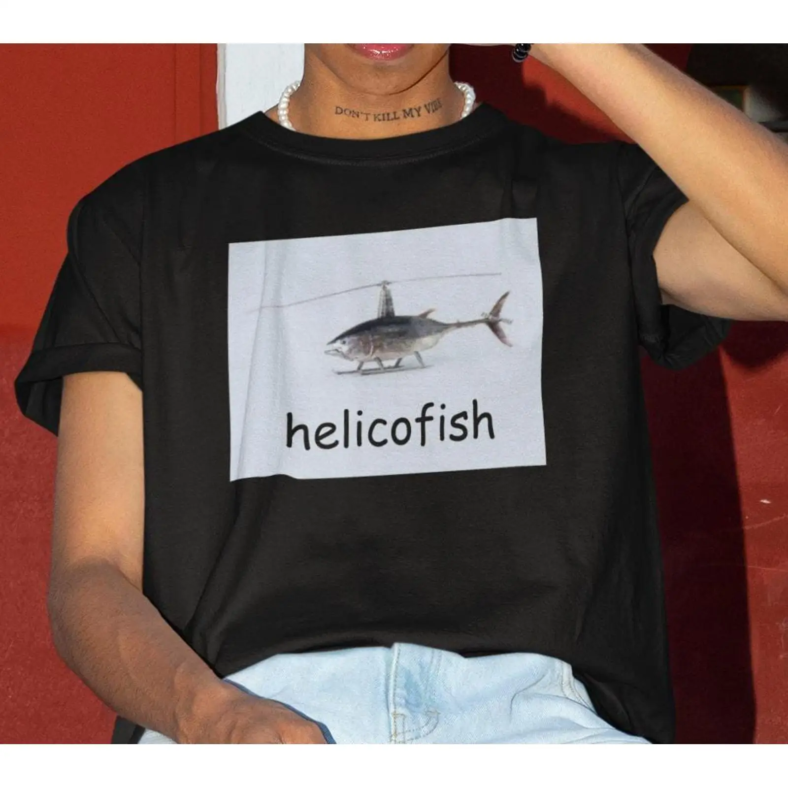 Vintage Fashion Gen Z - Helicofish Komik Meme Tişört Helikopter Balık