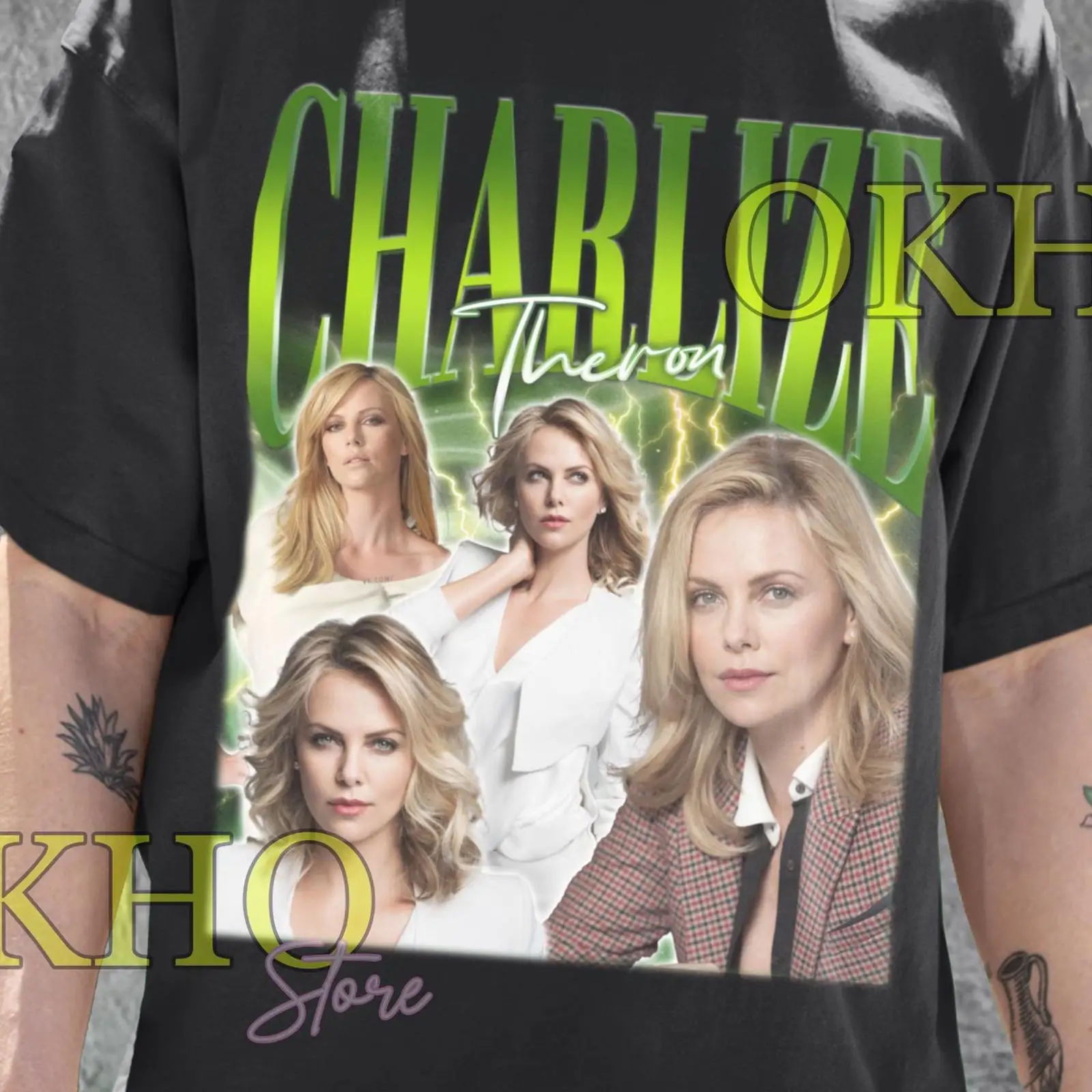 Vintage Fashion Collage - Charlize Theron Kolaj Tişörtü vintage Yıkanmış